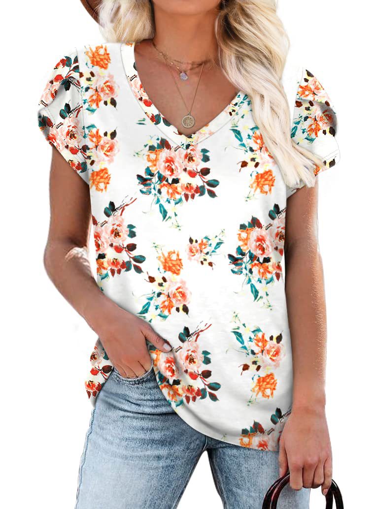 Summer Creative Tie-dye Floral V-neck Loose-fitting Women&#039;s Petal Sleeve Shell Sleeve T-shirt