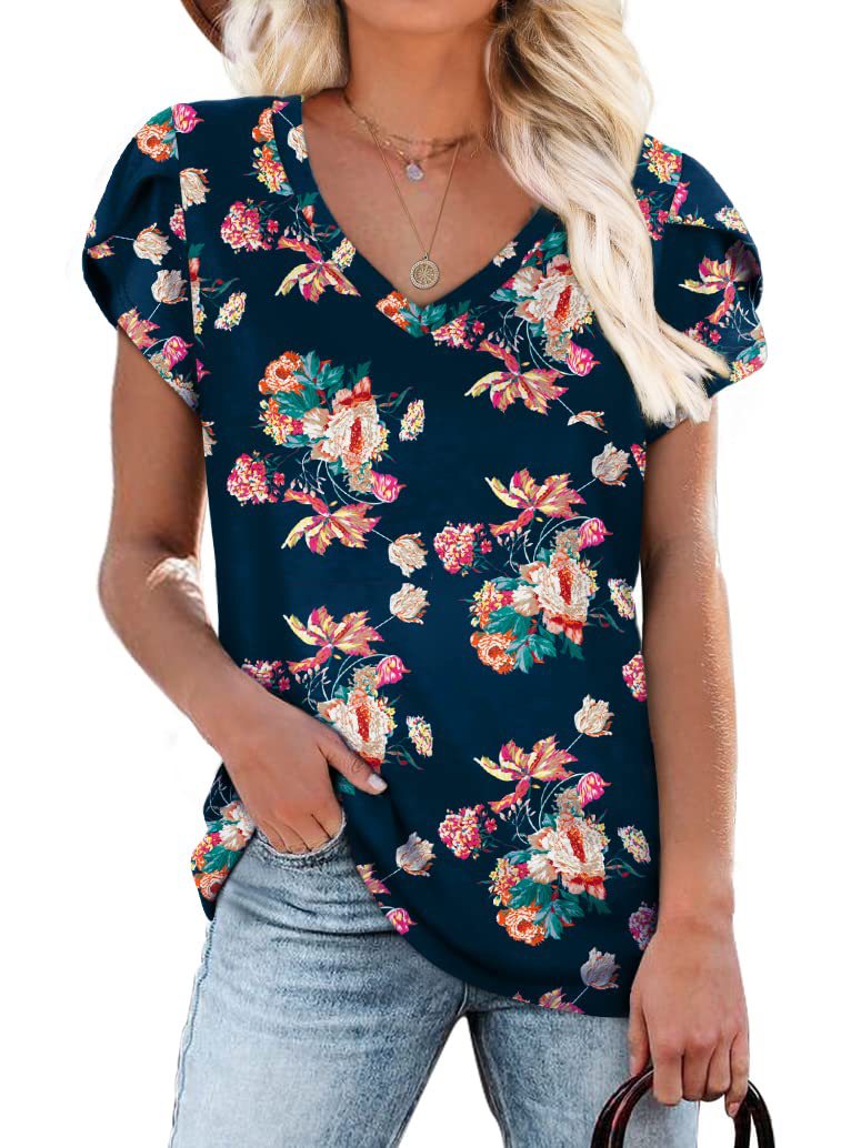 Summer Creative Tie-dye Floral V-neck Loose-fitting Women&#039;s Petal Sleeve Shell Sleeve T-shirt