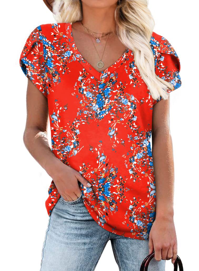 Summer Creative Tie-dye Floral V-neck Loose-fitting Women&#039;s Petal Sleeve Shell Sleeve T-shirt