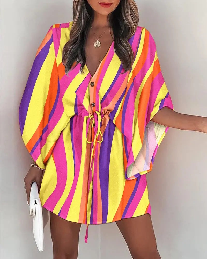 Women's V-Neck Tie Printed Beach Dress