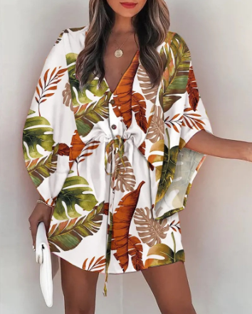 Women's V-Neck Tie Printed Beach Dress