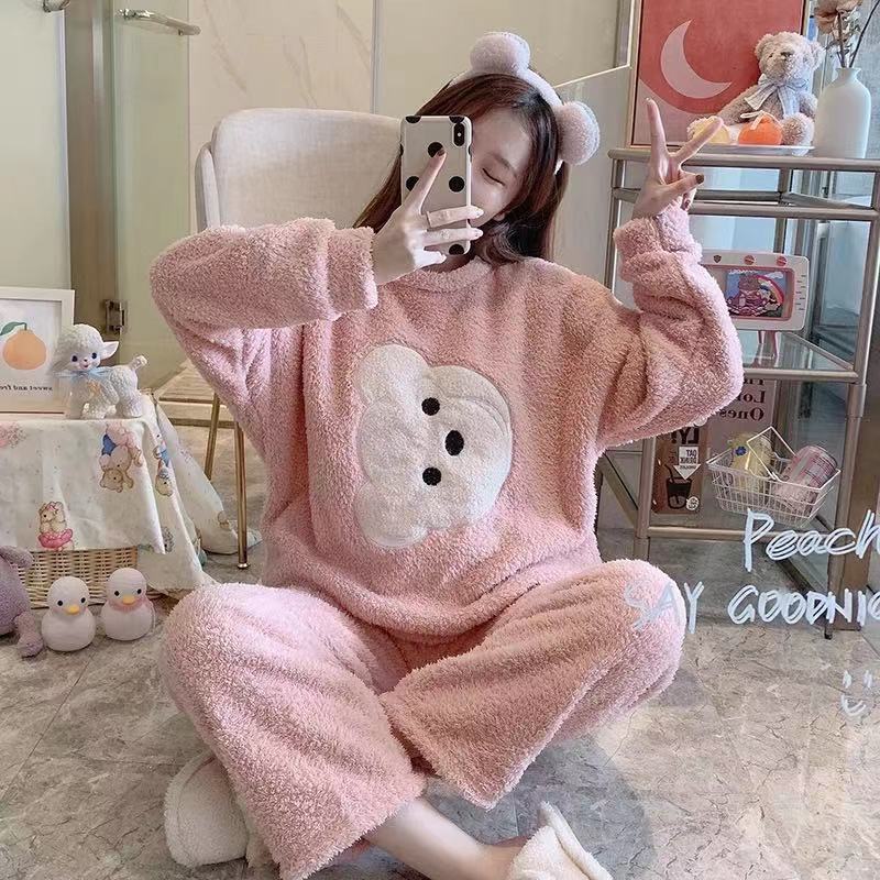 Cartoon Print Pajamas Sets Winter Warm Long Sleeve Sleepwear Home Nightclothes Women