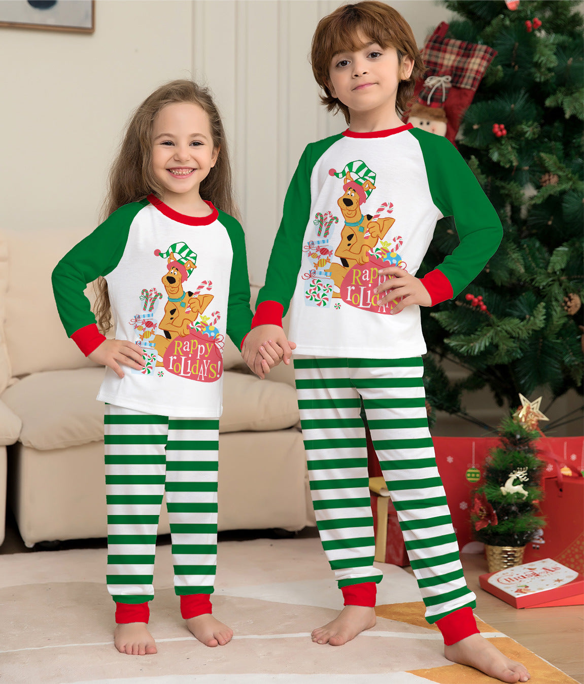 Green Cartoon Striped Printed Long Sleeves Festival Homewear Pajamas