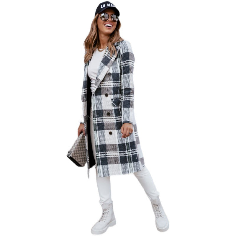 European And American Fashion Plaid Woolen Coat