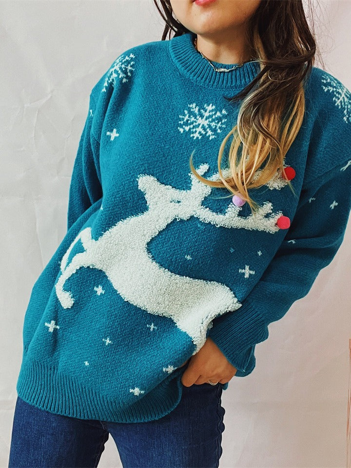 Women's Deer Snowflake Jacquard Colorful Ball Christmas Sweater