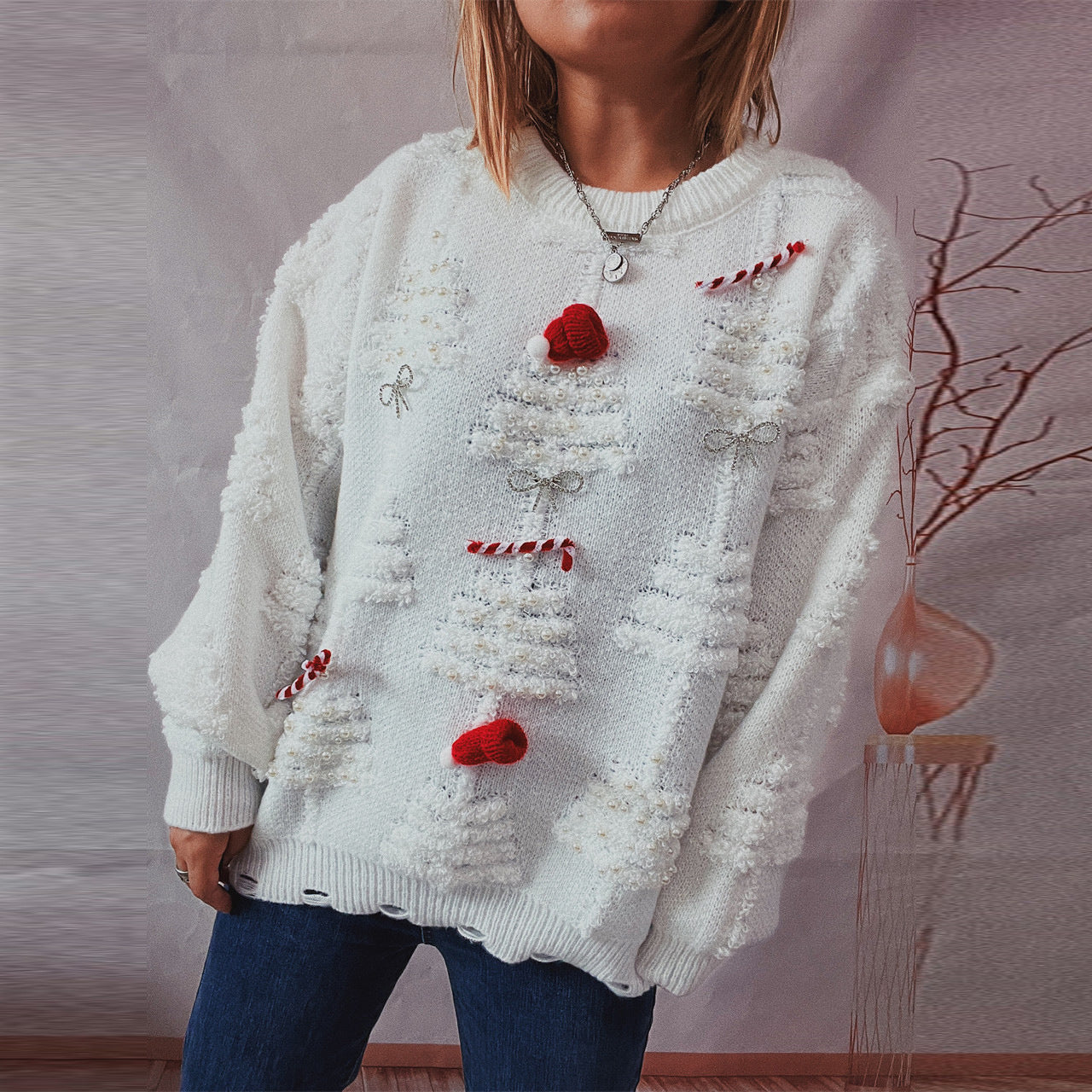 Women's Fashion Handmade Pearl Christmas Theme Sweater