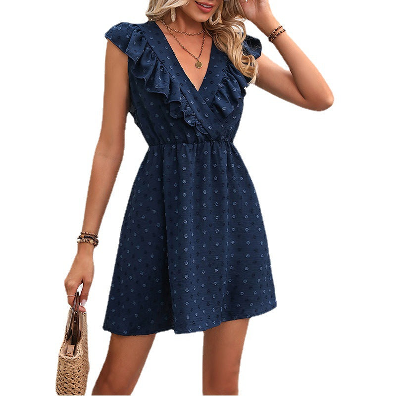 Casual Ruffled Sleeveless V-neck Polka Dot Pattern Mini Dress