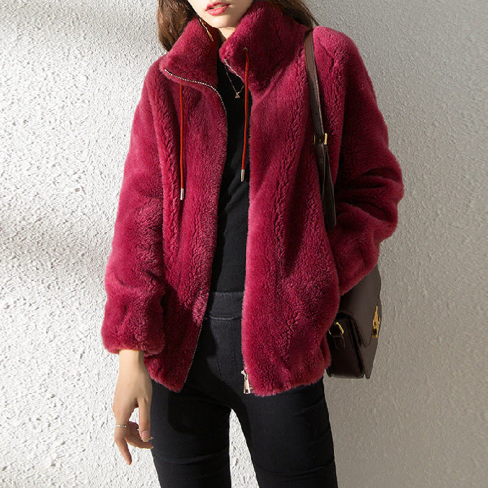 Double Faced Fleece Warm High Neck Sweater Women Cardigan