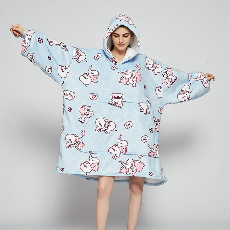 Ovesized Wearable Blanket Hoodie Winter Cute Print Fleece Sleepwaer Warm And Cozy Sofa Homewaer