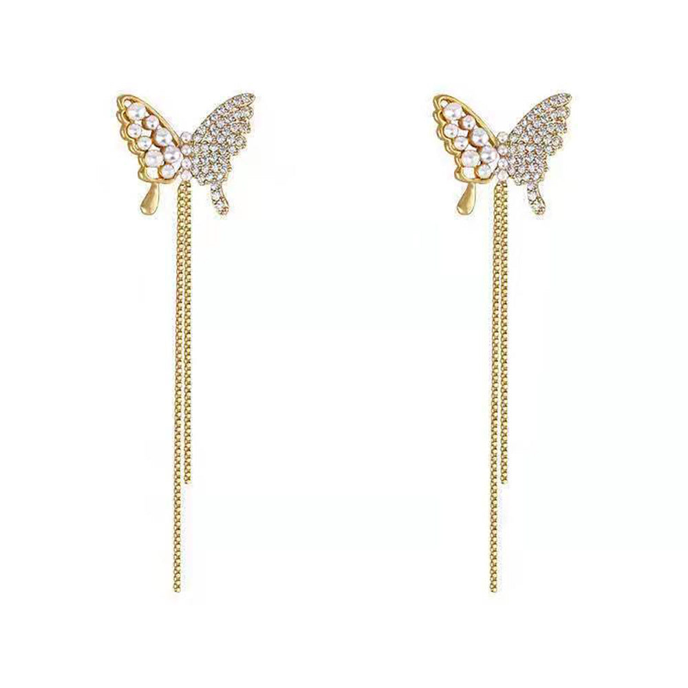 Korean Fashion Diamond Pearl Butterfly Earrings Long Tassel