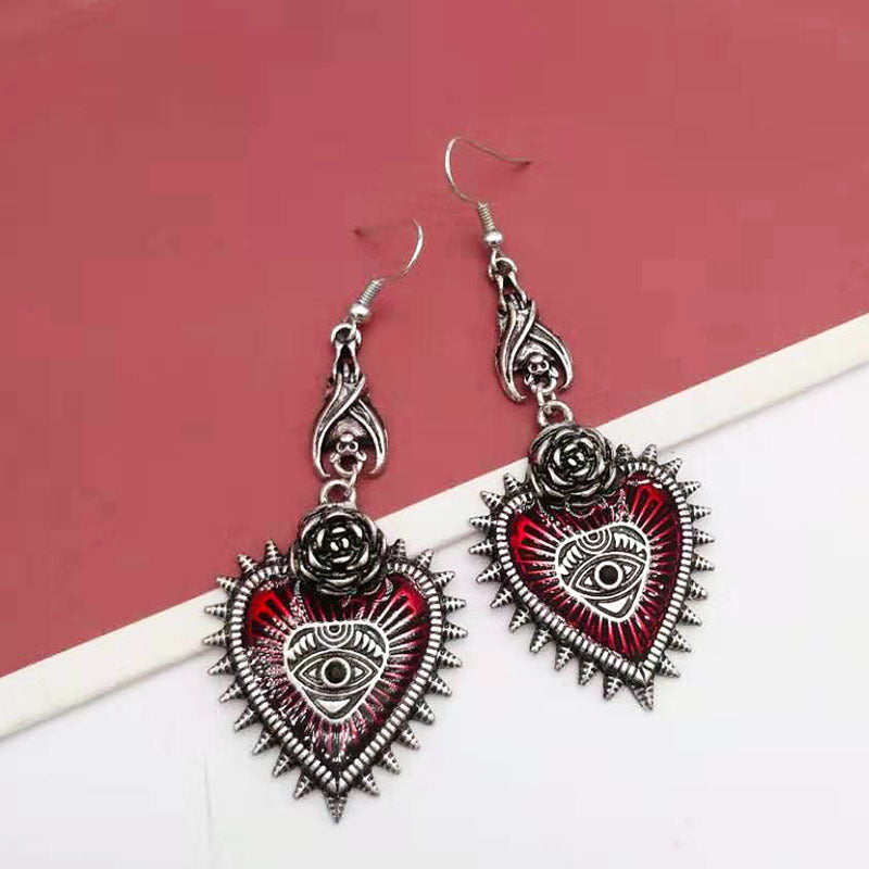 Vintage Lolita Gothic Evil Eye Red Heart Earrings for Women Halloween Cosplay