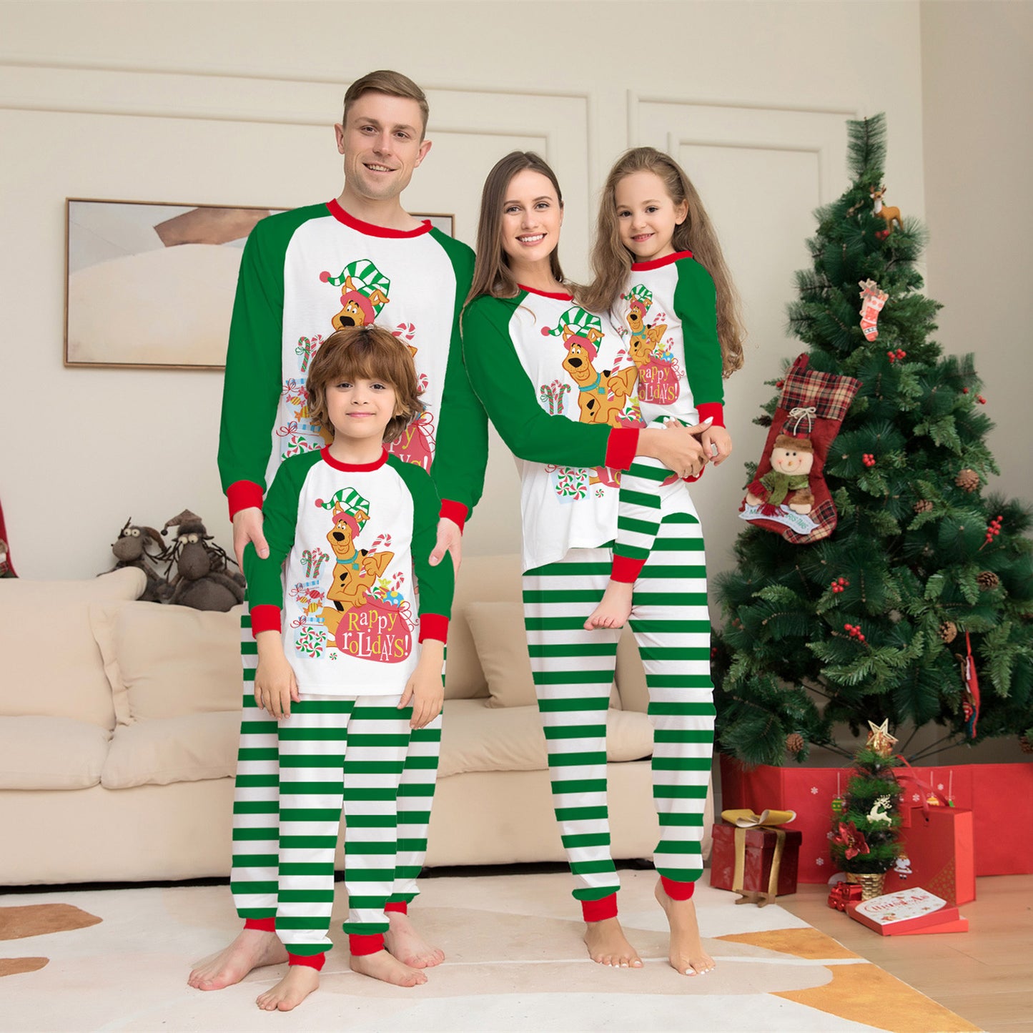 Green Cartoon Striped Printed Long Sleeves Festival Homewear Pajamas