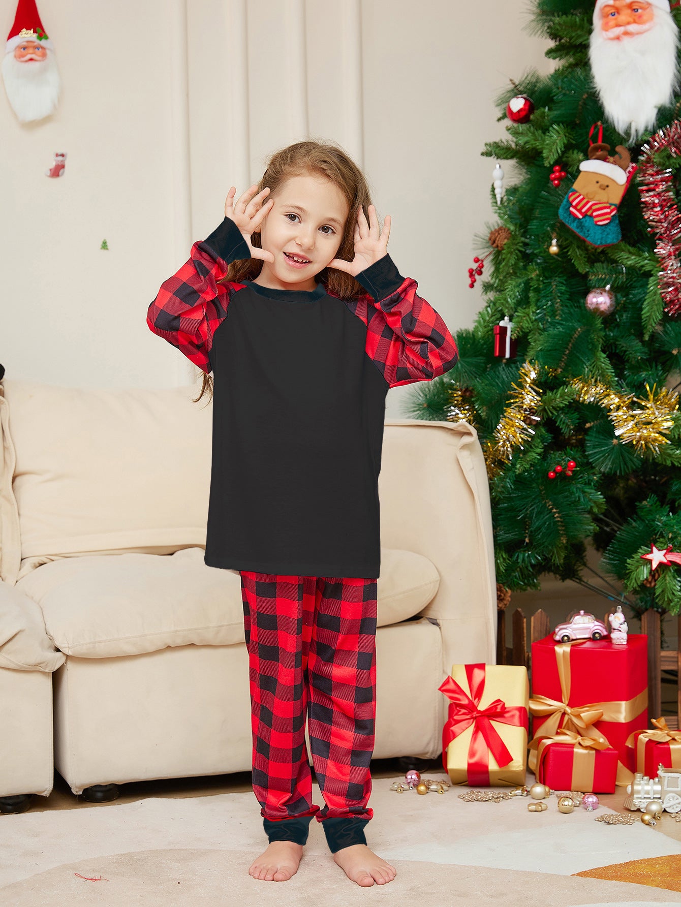 Women's Fashion Christmas Solid Color Plaid Printed Pajamas Set