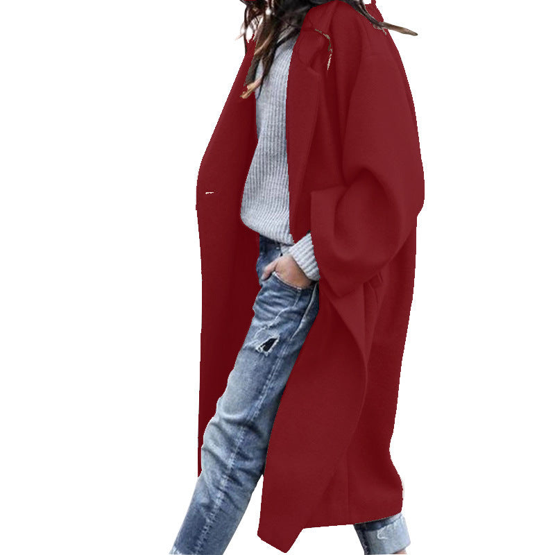 Casual Long Jacket With Pockets Solid Color Single Breasted Lapel Woolen Coat For Women Warm Winter Clothing