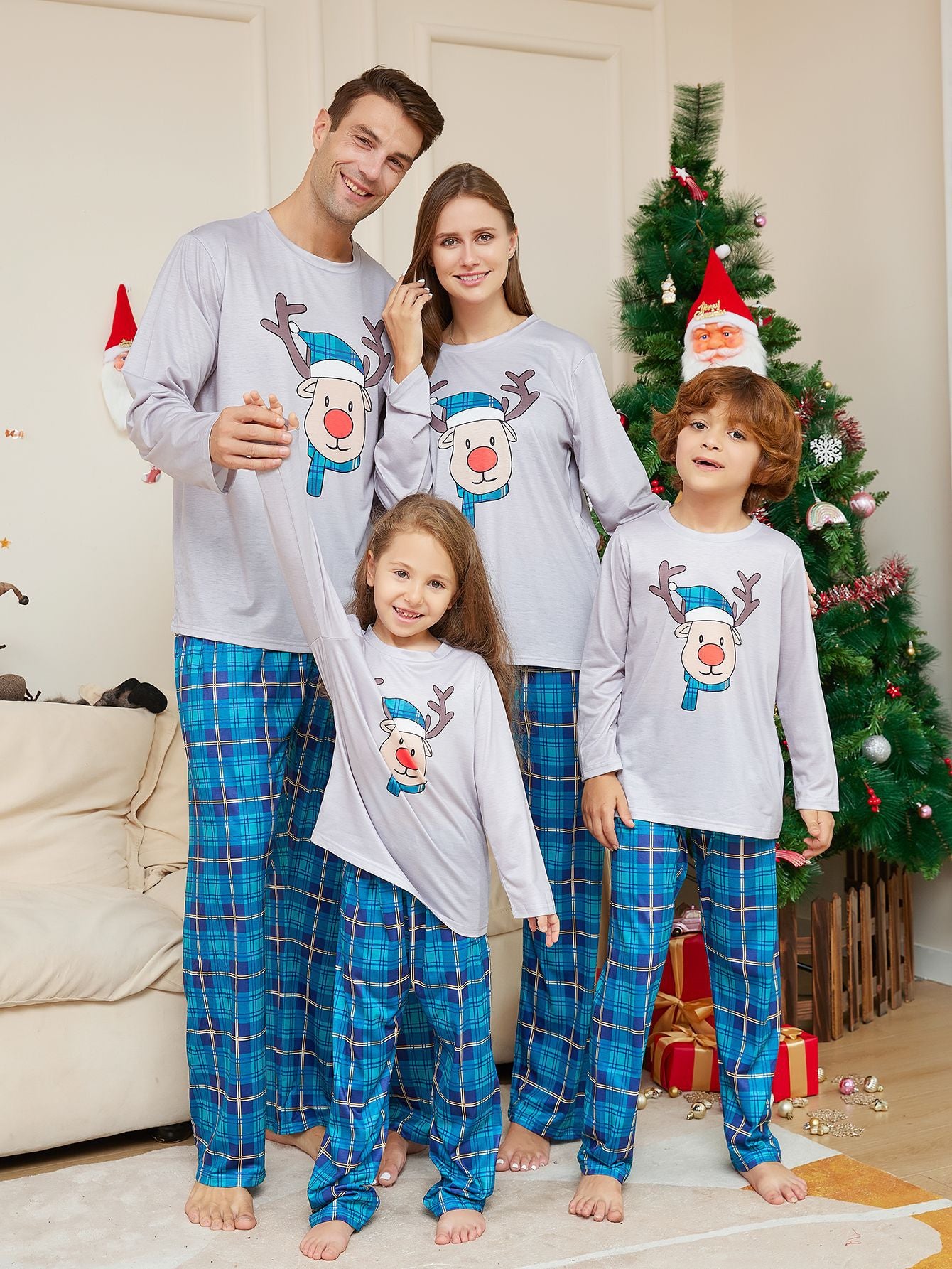 Christmas Cartoon Deer Head Blue Plaid Crew Neck Long Sleeve Pajamas Suit