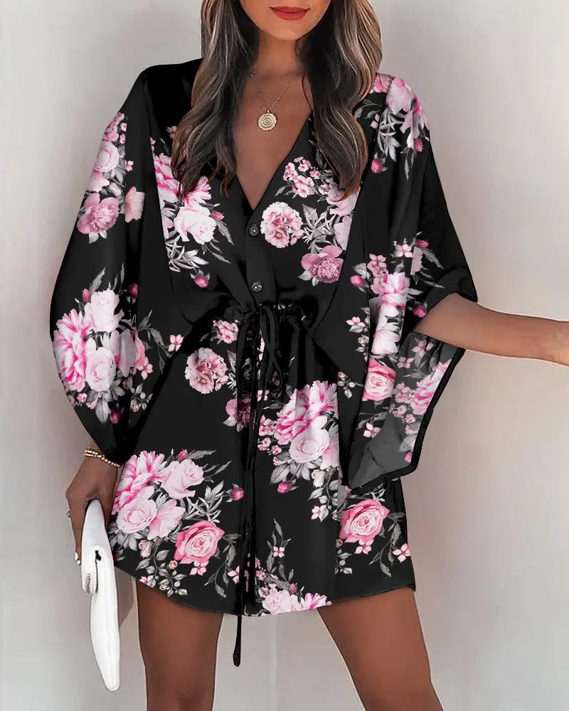 Women's V-Neck Tie Printed Beach Dress