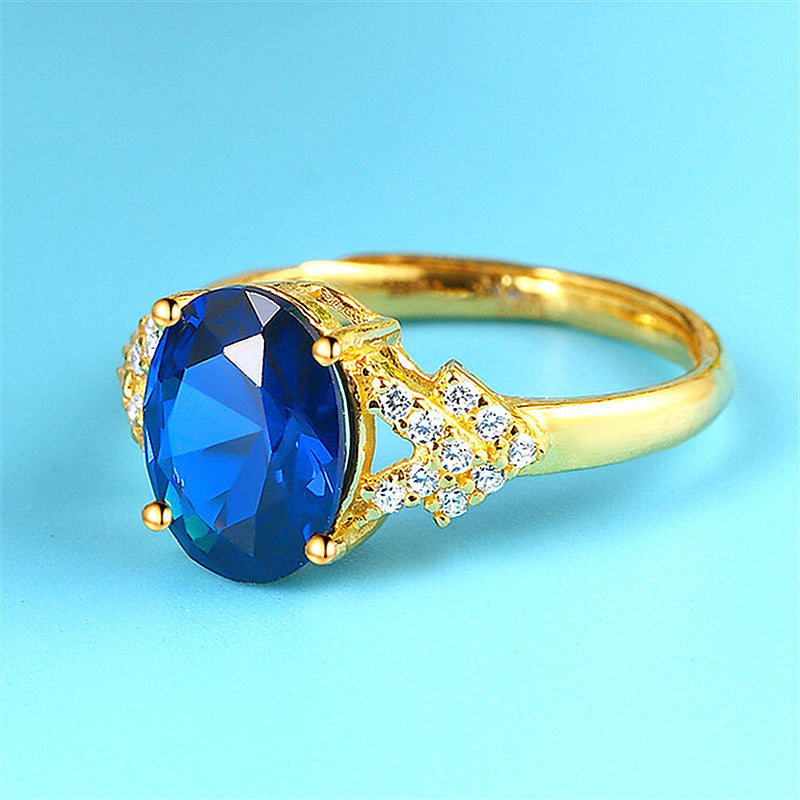 Gold-plated Sapphire Ring With Adjustable Opening And Tanzanite Diamonds