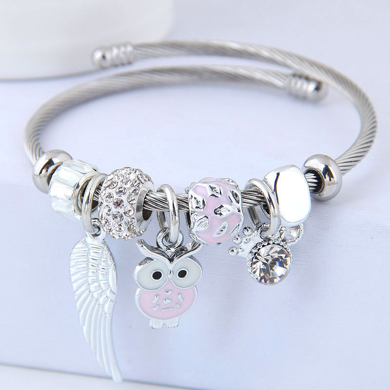 DIY Beaded Owl Angel Wings Pendant Stainless Steel Bracelet