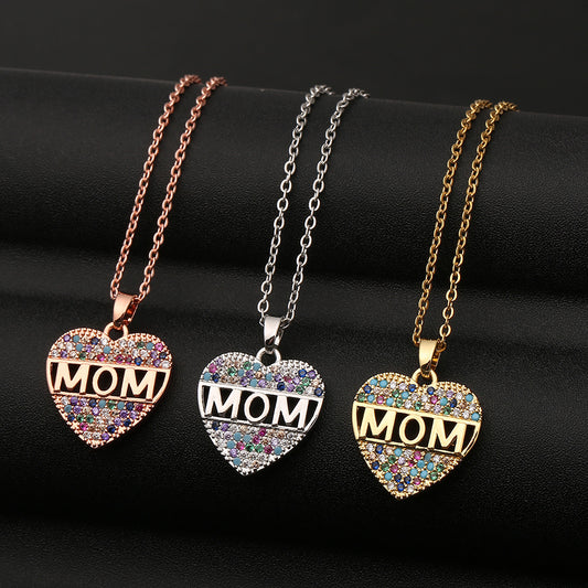 Fashion Colorful Mom Cubic Zirconia Heart Necklace Pendant Decoration