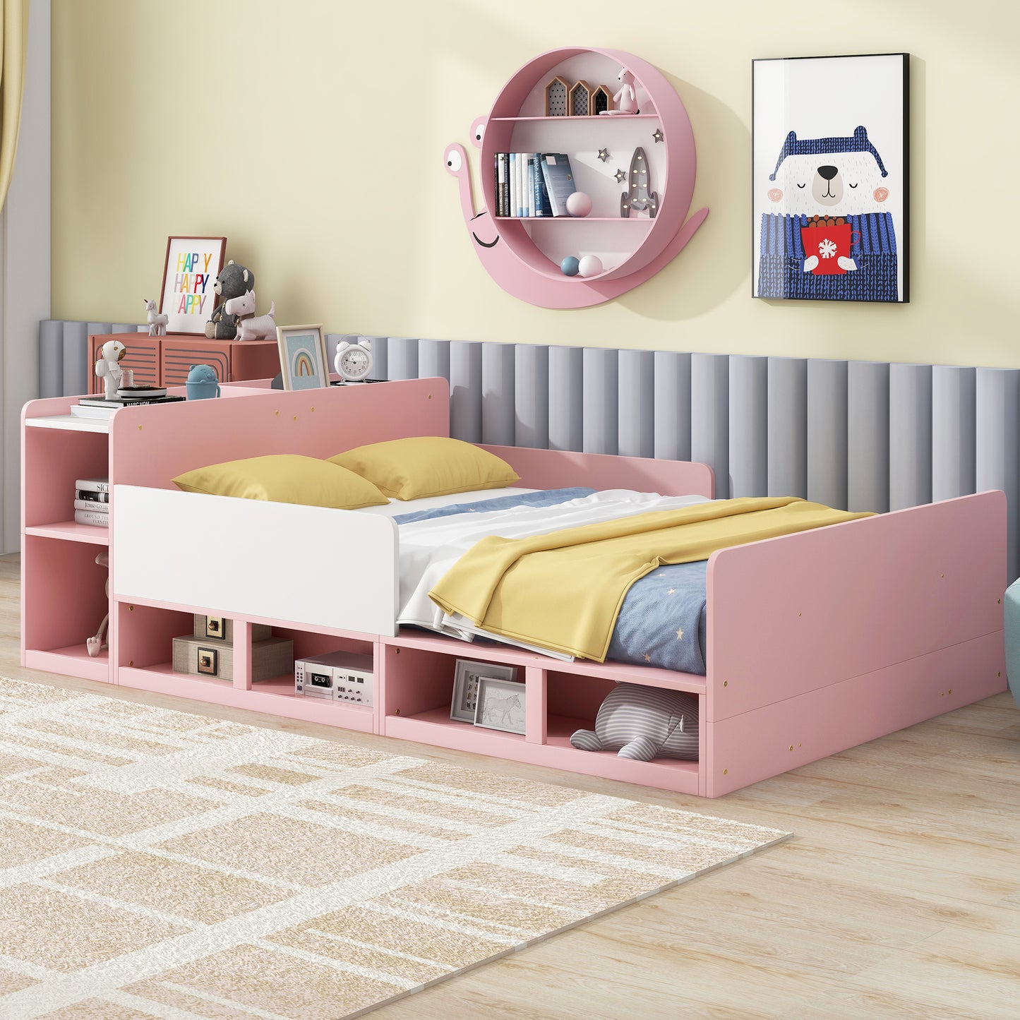 Wood Full Size Platform Bed with Storage Headboard, Guardrails and 4 Underneath Cabinets, Pink