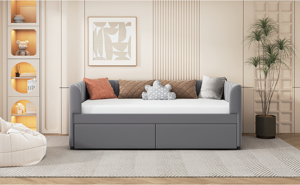 Twin Size Upholstered Daybed with Ergonomic Design Backrest and 2 Drawers, Gray