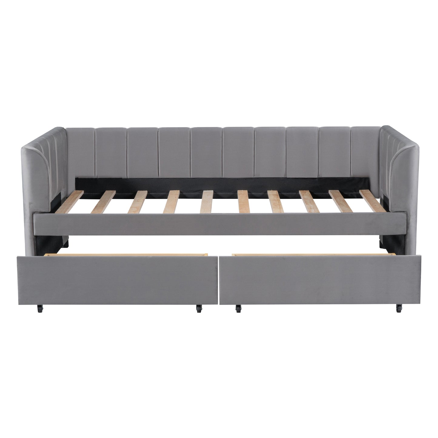 Twin Size Upholstered Daybed with Ergonomic Design Backrest and 2 Drawers, Gray