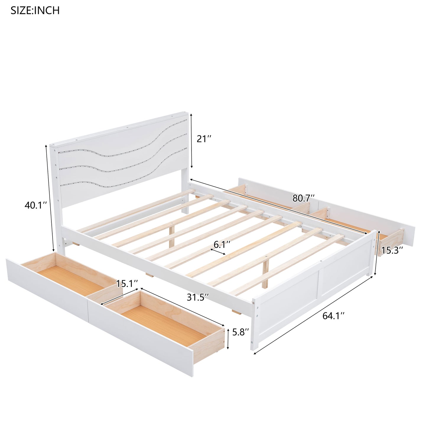 Queen Size Wood Storage Platform Bed with LED and 4 Drawers, White