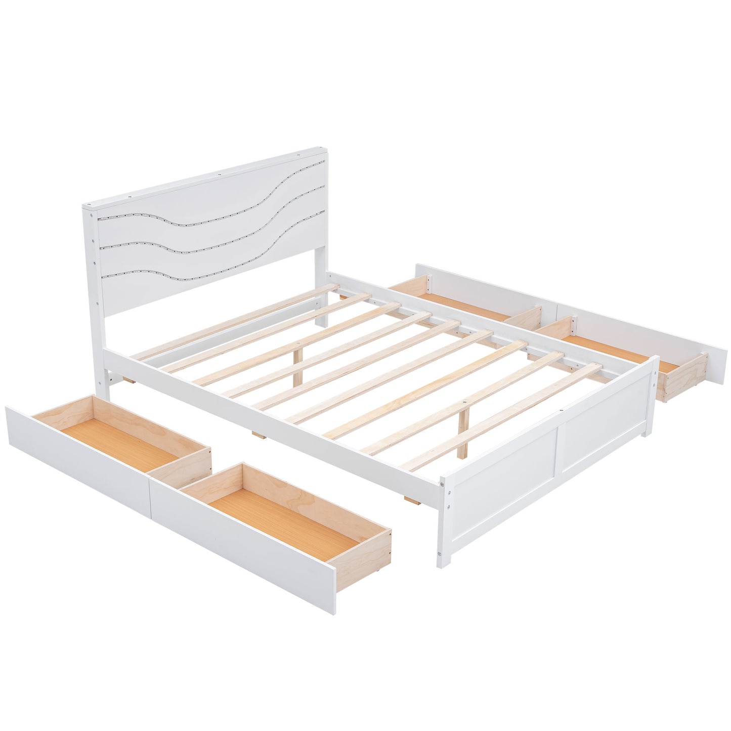 Queen Size Wood Storage Platform Bed with LED and 4 Drawers, White