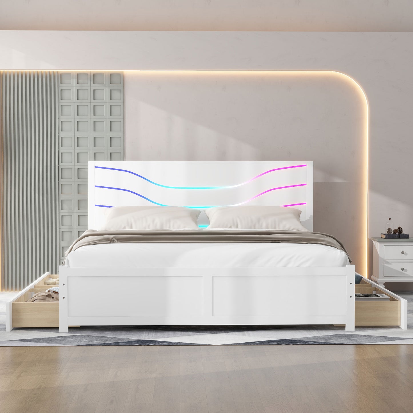 Queen Size Wood Storage Platform Bed with LED and 4 Drawers, White