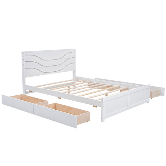 Queen Size Wood Storage Platform Bed with LED and 4 Drawers, White