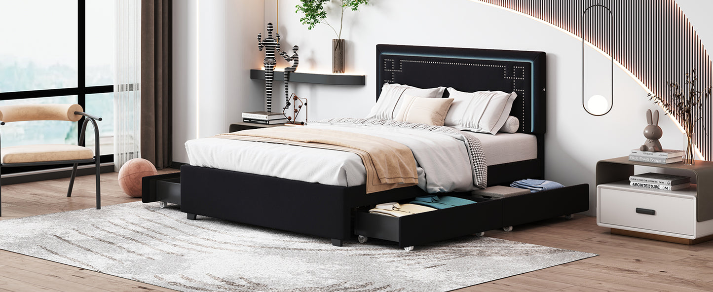 Queen Size Upholstered Platform Bed with Rivet-decorated Headboard, LED bed frame and 4 Drawers, Black