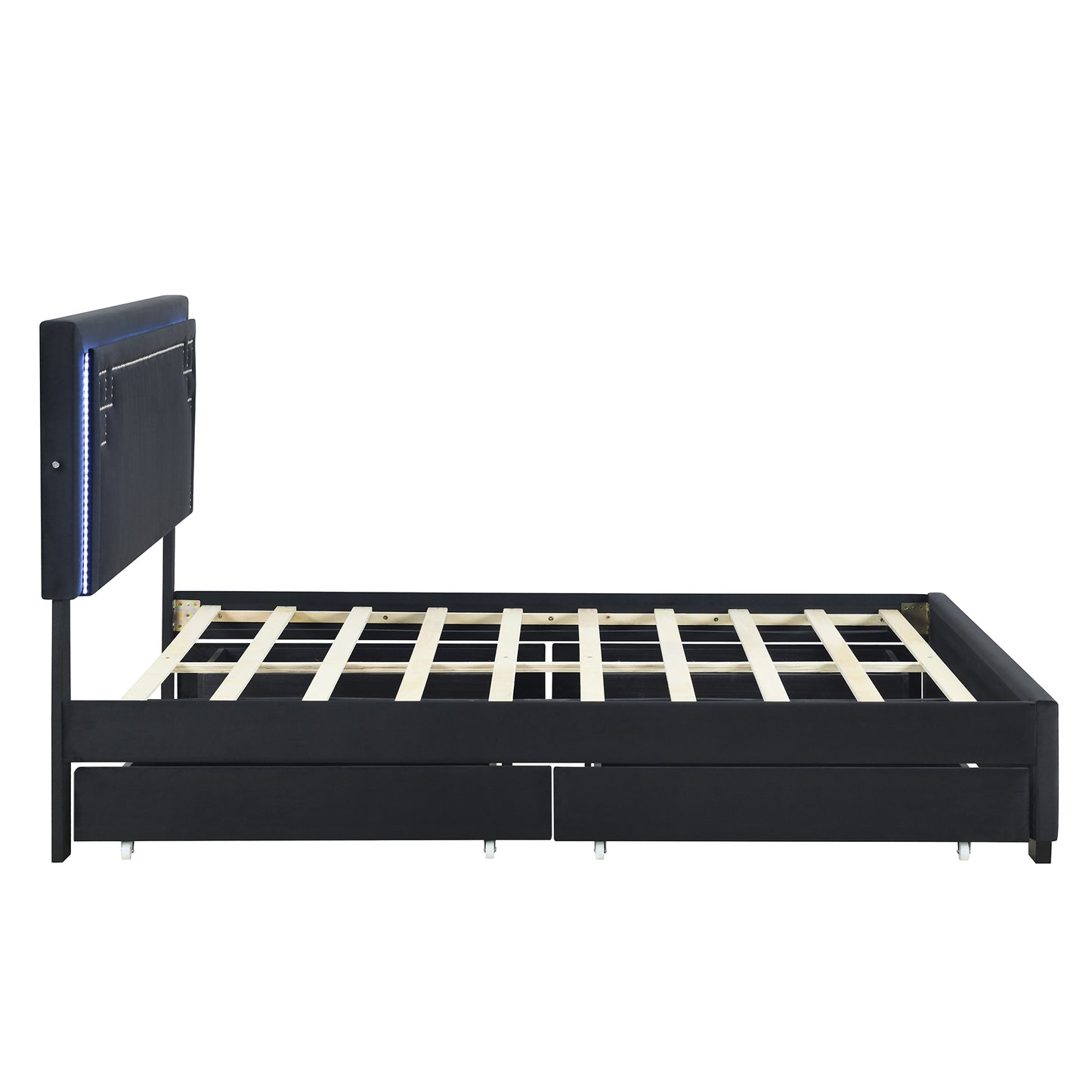 Queen Size Upholstered Platform Bed with Rivet-decorated Headboard, LED bed frame and 4 Drawers, Black