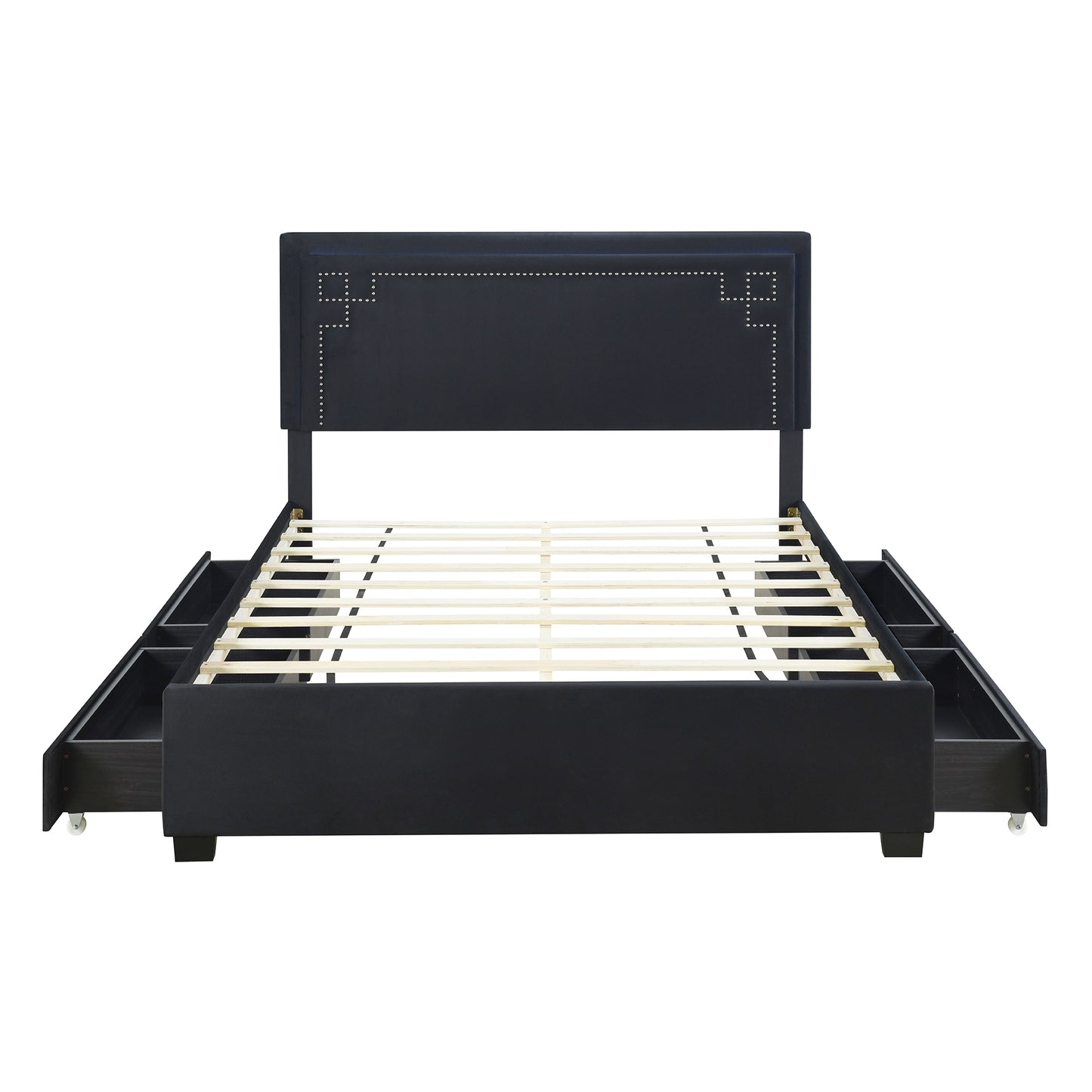 Queen Size Upholstered Platform Bed with Rivet-decorated Headboard, LED bed frame and 4 Drawers, Black