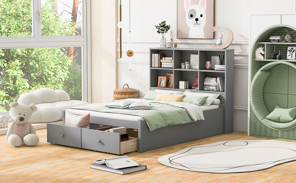 Full Size Platform Bed with Storage Headboard, Charging Station and 2 Drawers, Gray