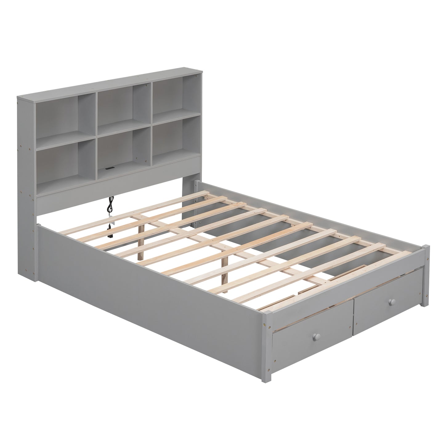 Full Size Platform Bed with Storage Headboard, Charging Station and 2 Drawers, Gray