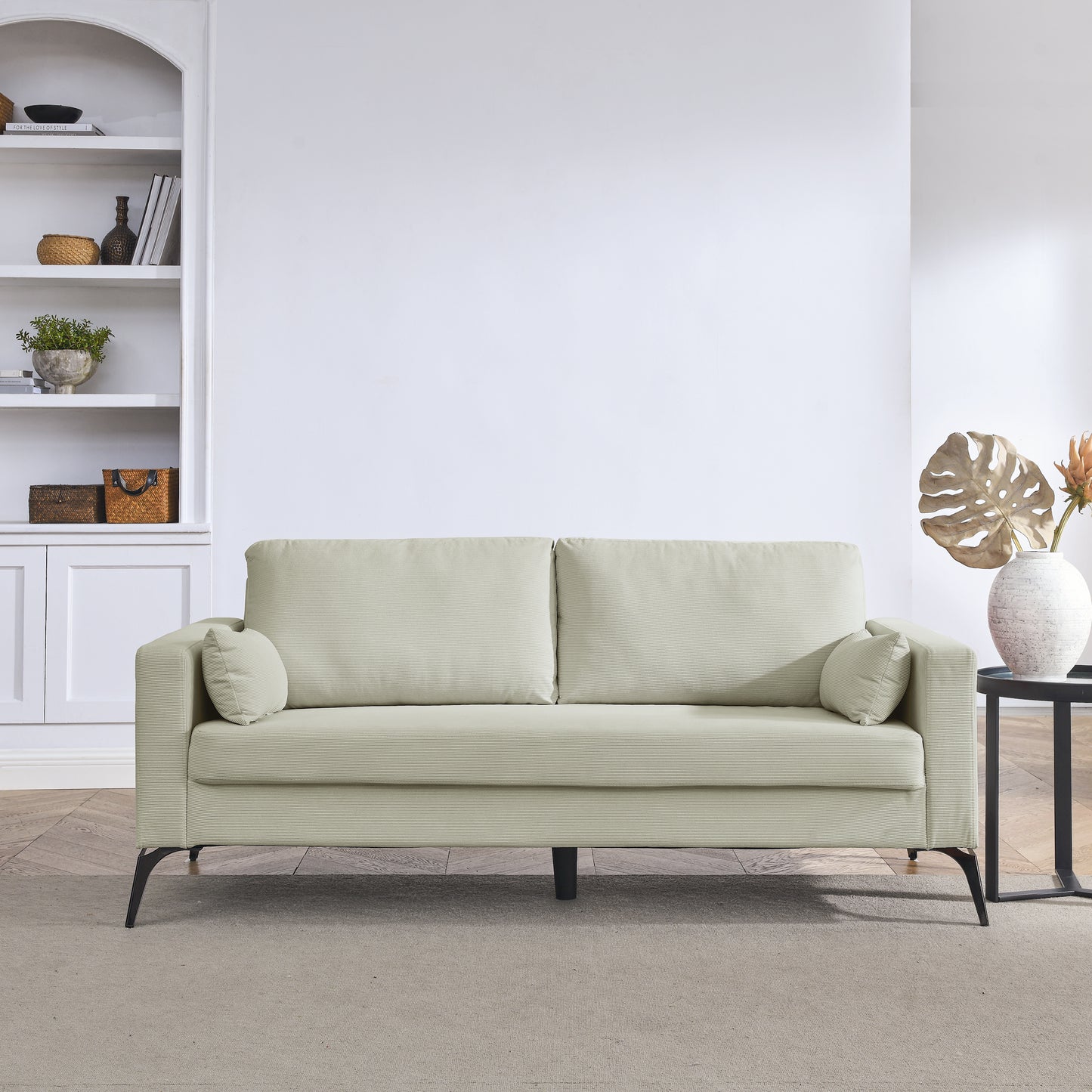 3-Seater Sofa with Square Arms and Tight Back, with Two Small Pillows,Corduroy Beige