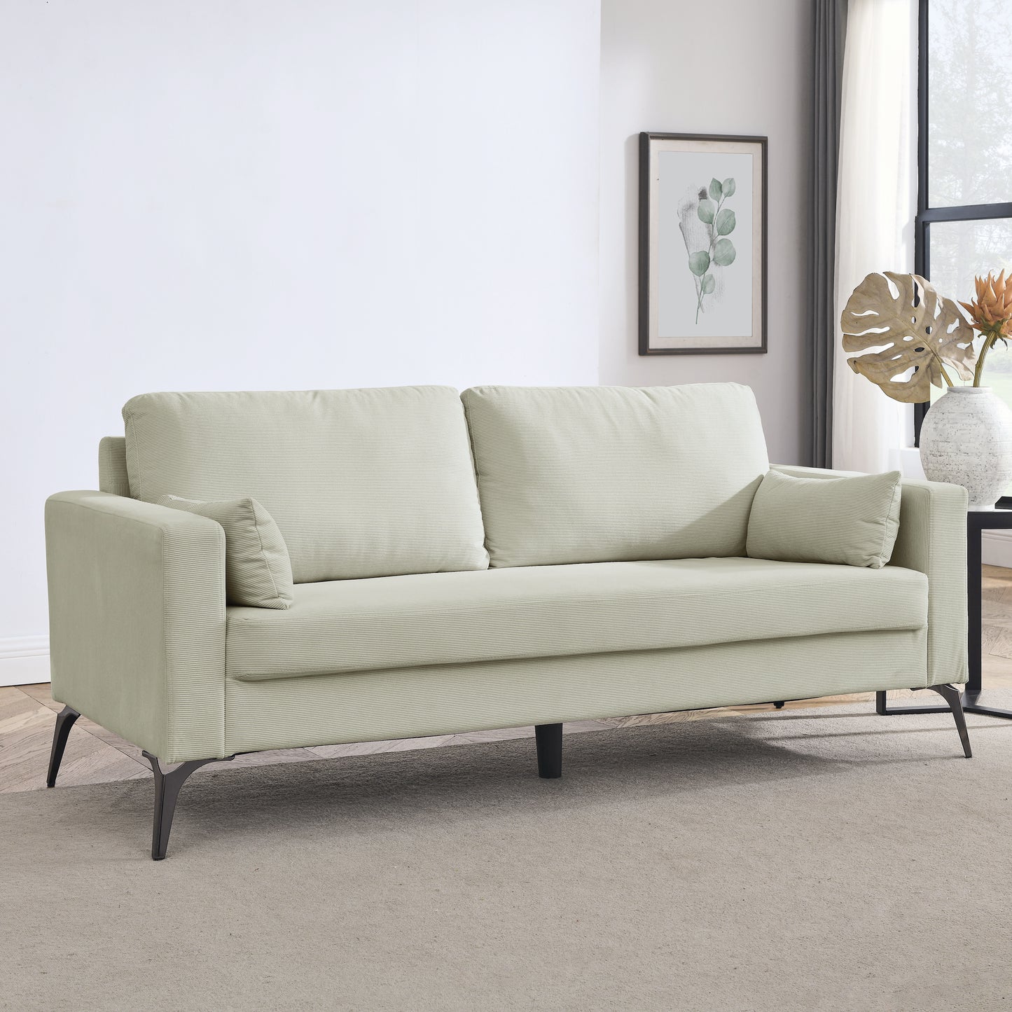 3-Seater Sofa with Square Arms and Tight Back, with Two Small Pillows,Corduroy Beige