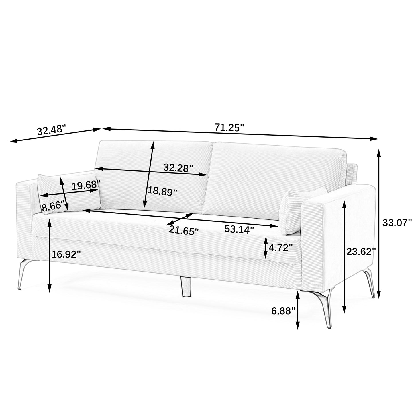 3-Seater Sofa with Square Arms and Tight Back, with Two Small Pillows,Corduroy Beige