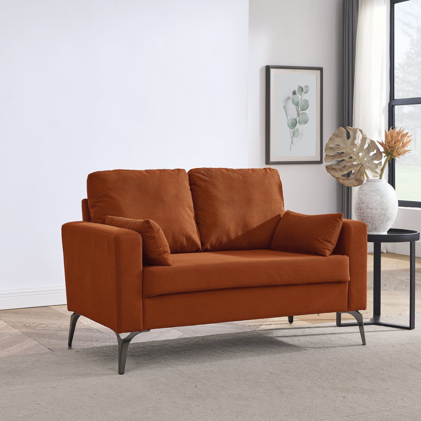 Loveseat Living Room Sofa,with Square Arms and Tight Back, with Two Small Pillows,Corduroy Orange