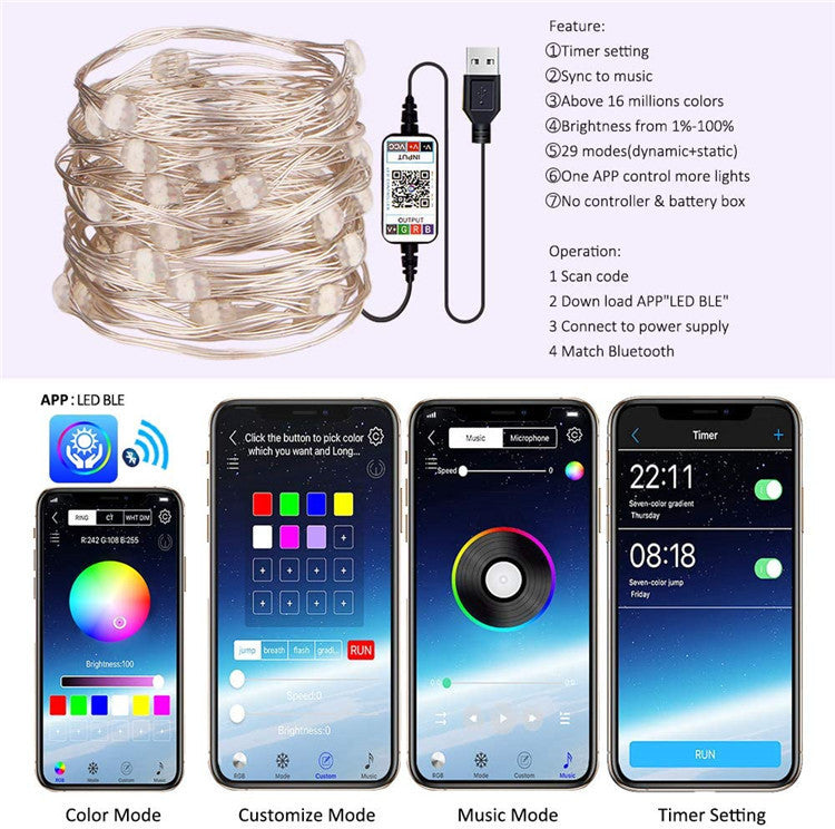 Bluetooth Copper Wire Light String Mobile APP Colorful Synchronization Wireless Intelligent Music Sound Control Christmas Tree Holiday Decoration Lights