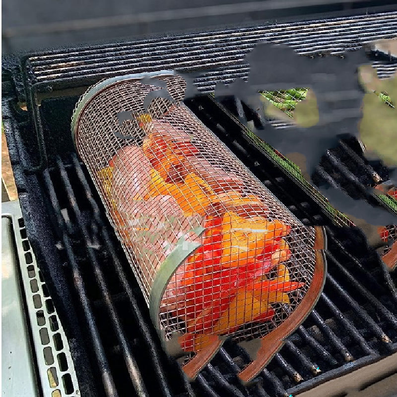 Rolling Grilling Basket Metal BBQ Barbecue Basket Net Portable Outdoor Camping Barbecue Rack Kitchen Gadgets