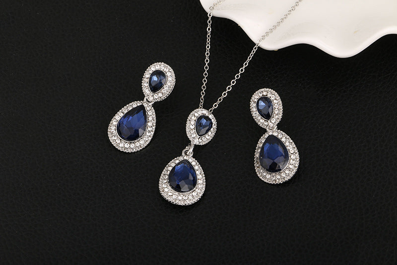 Blue Crystal Drop Pendant Necklace Earring Set