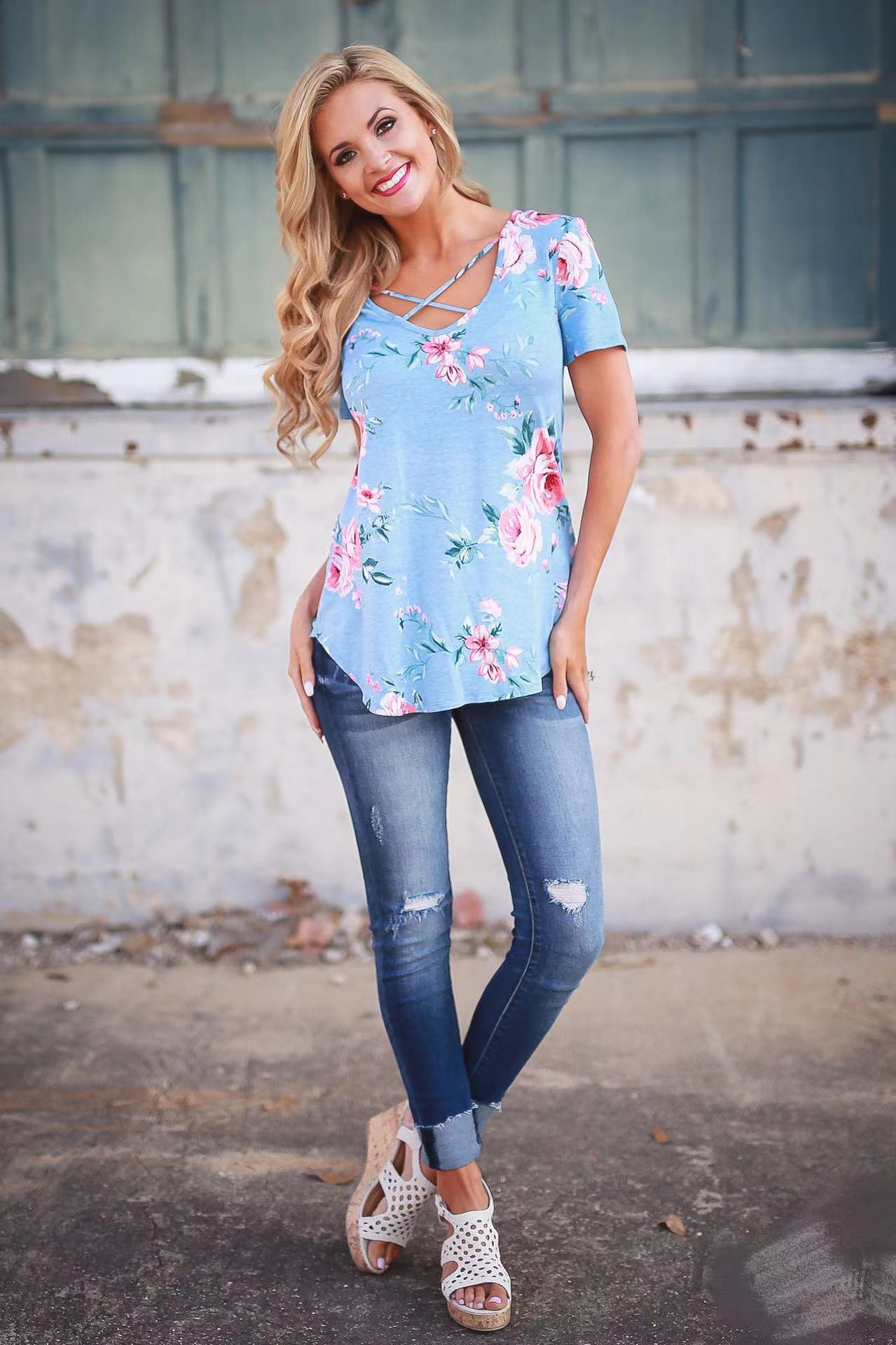 Flower Print Cross Front Short Back Long T-shirt