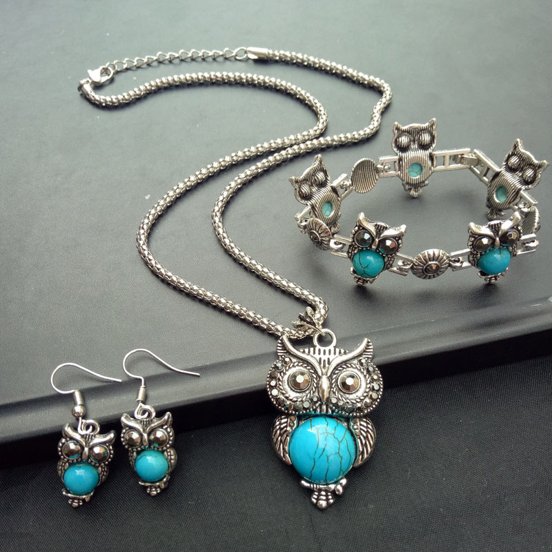 Vintage Turquoise Owl Necklace Earrings Bracelet Three-Piece Jewelry Set