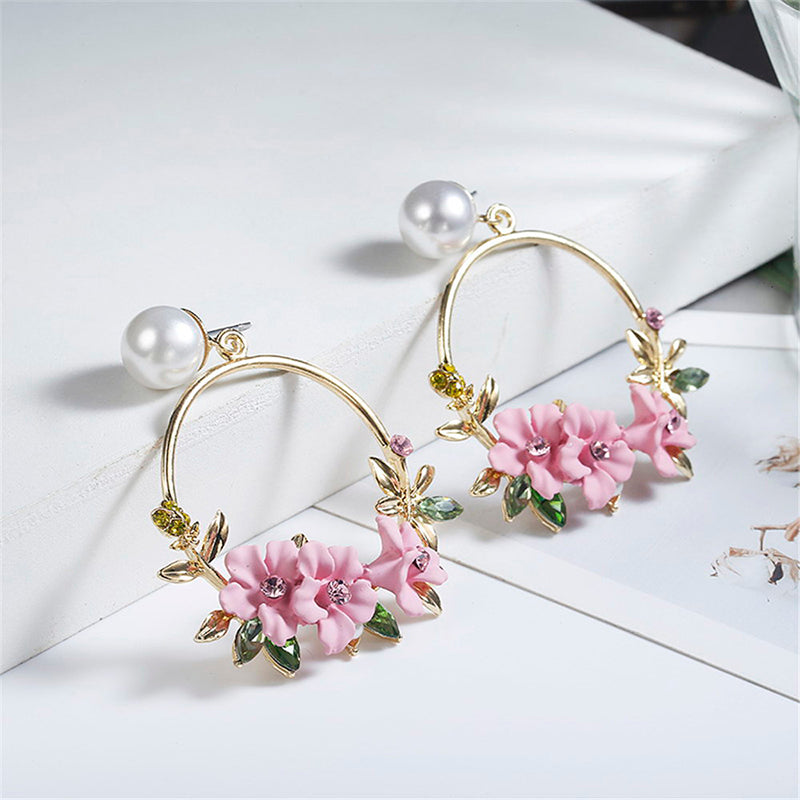 Trendy Cute Pink Flower Earrings For Women Girls Jewelry Female Rhinestone Gold Metal Round Circle Earrings Gift