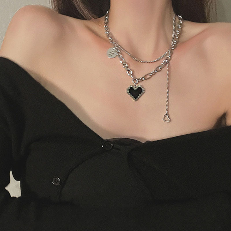 Titanium Steel Love Heart Clavicle Chain Double Layered Wear