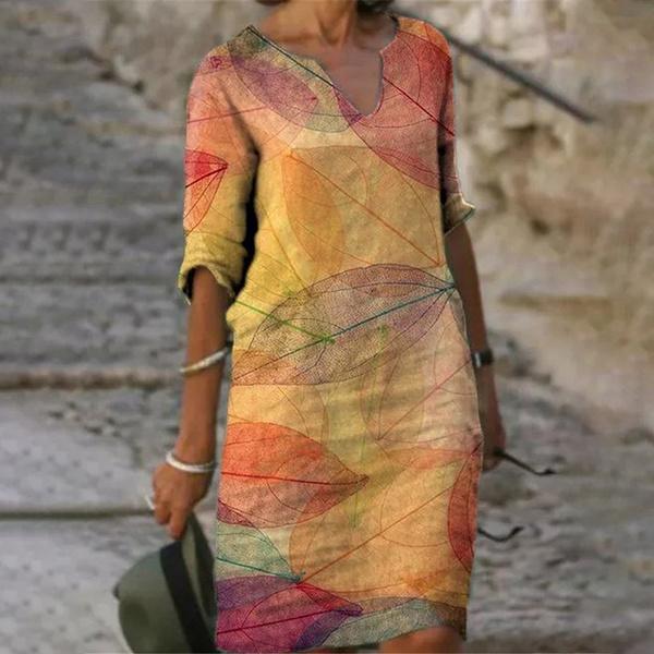 V-Neck Printed Mid-Sleeve Dress Women