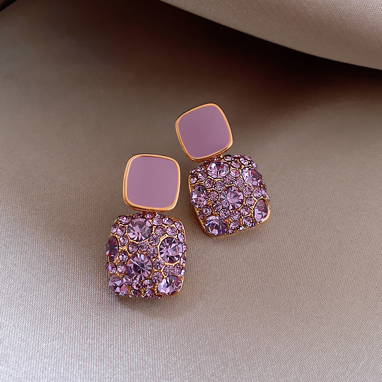 European And American Style Purple Diamond Square Earrings