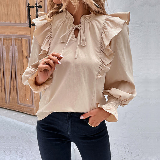 Ruffled Long-sleeved Solid Color Shirt