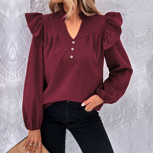 Red Long-sleeved Solid Color Shirt Women